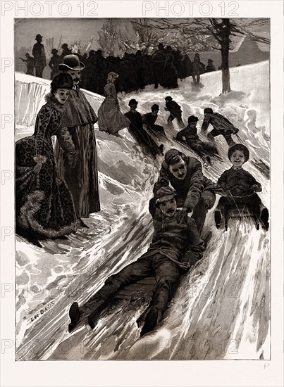 TOBOGGANING IN THE VALE OF HEALTH, HAMPSTEAD, LONDON, UK, 1886