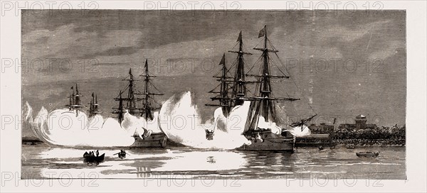 THE SQUADRON AT RANGOON FIRING A SALUTE OF THIRTY-ONE GUNS ON THE RECEIPT OF THE NEWS OF KING THEEBAW'S SUBMISSION, 1886