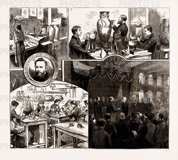 THE PRINCE OF WALES AT MESSRS. DOULTON'S POTTERY WORKS, LAMBETH, LONDON, UK, 1886: 1. The Potter's Wheel. 2. Modelling Doulton Ware. 3. Painting Doulton Ware. 4. Mr. Henry Doulton. 5. The Prince presenting the Albert Medal to Mr. H. Doulton.
