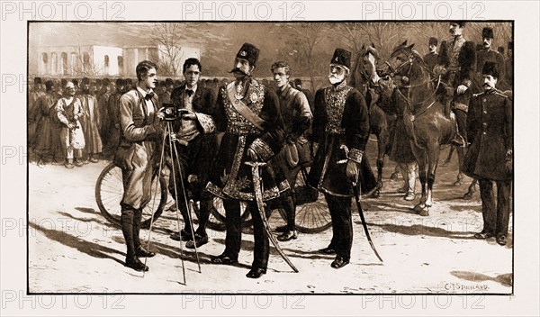 THREE ENGLISH CYCLISTS IN TEHERAN: EXPLAINING THE CAMERA TO THE SHAH, IRAN, 1897? Mr. John Foster Fraser, Mr. S. Edward Lunn, and Mr. F.H. Lowe. These cyclists have ridden right across Europe, through the Crimea, over the Caucasus into Asia.