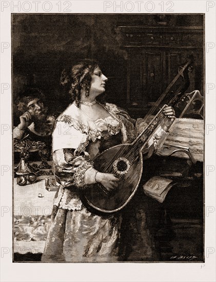 "PERFECT HARMONY", FROM THE PAINTING BY A.R. KEMPLIN, EXHIBITED IN THE SALON DES CHAMPS ELYSEES, 1897; A LADY PLAYING A MANDOLIN