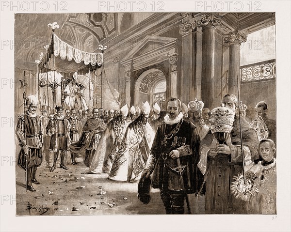 CANONISATION OF TWO PRIESTS AT ST. PETER'S, ROME, 1897: THE POPE BEING CARRIED ON THE SEDIA GESTATORIA IN PROCESSION THROUGH THE COLONNADE