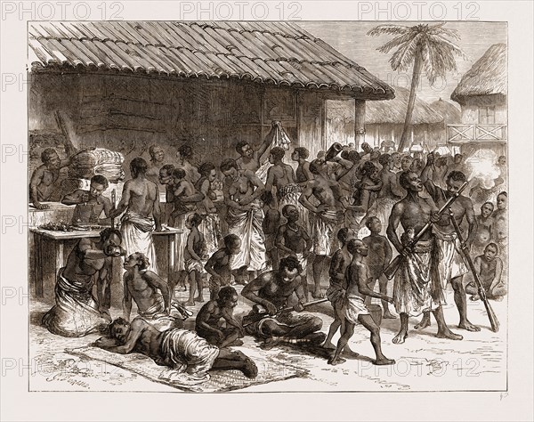 ASHANTEES BUYING MUSKETS WITH GOLD DUST AT ASSINEE, THE ASHANTEE WAR 1873. Anglo-Ashanti Wars between the Ashanti Empire, now Ghana, and the British Empire in the 19th century