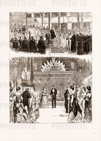 H.R.H. THE DUKE OF EDINBURGH AT LEEDS: 1. THE TOWN CLERK READING THE ADDRESS. 2. THE BALL IN THE EVENING; THE DUKE LEADING OFF THE FIRST QUADRILLE WITH THE MAYORESS, UK, 1875