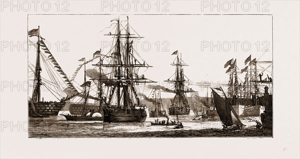 DEPARTURE OF THE ARCTIC EXPEDITION: THE "ALERT" AND THE "DISCOVERY" LEAVING PORTSMOUTH HARBOUR, UK, 1875