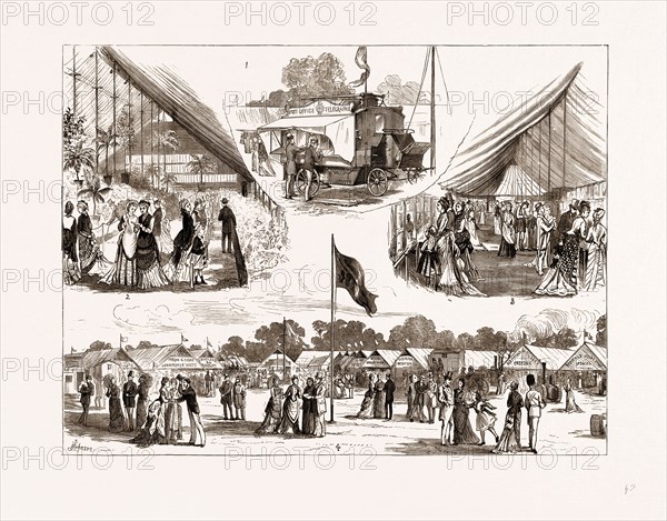THE BATH AND WEST OF ENGLAND AGRICULTURAL SOCIETY'S SHOW AT CROYDON, UK, 1875: 1. The Telegraph Office. 2. The Flower Tent. 3. The Poultry Tent. 4. View Down the Central Avenue of the Show Yard.