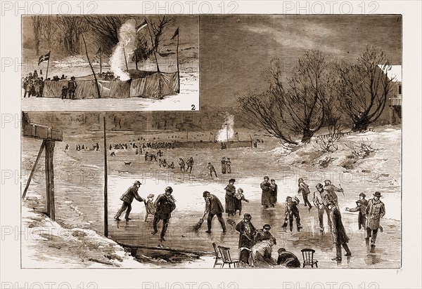 THE FROZEN THAMES AT TWICKENHAM, UK, 1881: 1. Skating on the River. 2. Roasting the Sheep.