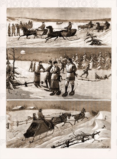 WINTER SPORTS AT HALIFAX, NOVA SCOTIA: 1. A Trotting Match on the Ice. 2. A Moonlight Tramp with the Snow Shoe Club. 3. Tandem Driving: Unforeseen Obstacles.