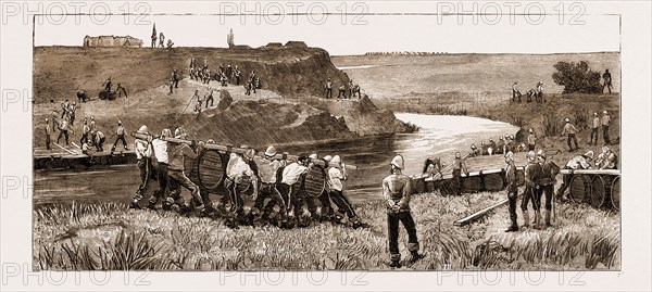 THE RECENT RISING IN THE TRANSVAAL, SOUTH AFRICA, 1881: BUILDING A BRIDGE OF CASKS ON THE INCAWE RIVER AT NEWCASTLE