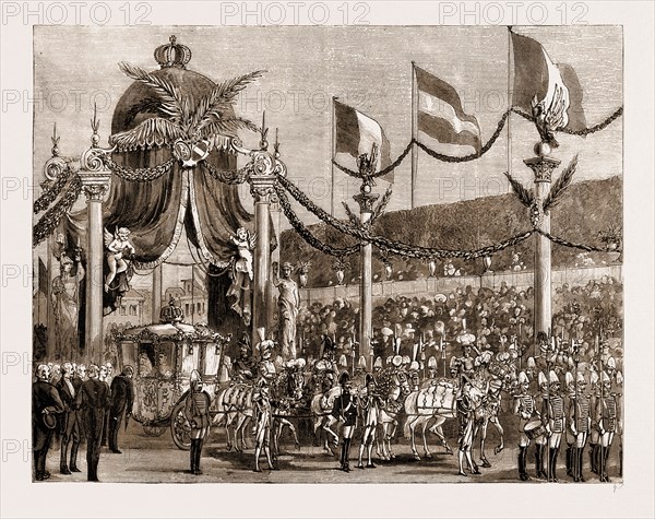 THE ROYAL WEDDING IN AUSTRIA: STATE ENTRY OF THE PRINCESS STEPHANIE INTO VIENNA, 1881: THE BURGOMASTER PRESENTING THE ADDRESS OF WELCOME