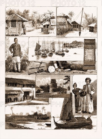 IN THE MALDIVE ISLANDS, INDIAN OCEAN, 1881: 1. A Street in Male Island. 2. The Arena Where Sports are Held. 3. Ibrahim Didi. 4. The Harbour, North Side Male Island. 5. The Sultan's Palace, Male Islarid. 6. A Portion of the Chief Mosque and Tower, where the Sultans are Buried, Male Island. 7. Maldivian Woman Carrying Water from a Well, and Mahamadu Didi (Rangfulu), Son of the Late Fourth Vizier. 8. The Wall of the Fort, Malé Island. 9. A Maldive Fishing Boat.