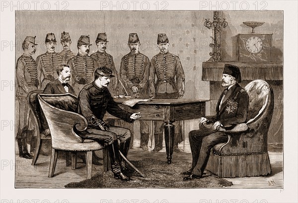 THE FRENCH OCCUPATION OF TUNIS, THE BEY SIGNING THE TREATY WITH FRANCE AT THE BARDO PALACE, MAY 12, 1881; M. Roustan, General Breart, The Bey