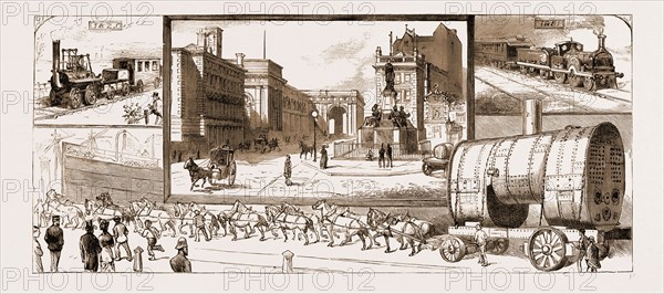 NEWCASTLE, UK, 1881, SOME OF THE WORKS OF STEPHENSON AND HIS SUCCESSORS: 1. George Stephenson's First Locomotive. 2. A Locomotive of the Present. 3. The Stephenson Monument. 4. Transporting a Marine Boiler.