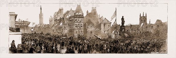 THE STEPHENSON CENTENARY CELEBRATION AT NEWCASTLE-ON-TYNE: THE CART-HORSE PROCESSION: THE ARMSTRONG GUN PASSING THE STEPHENSON MONUMENT, NEWCASTLE, 1881