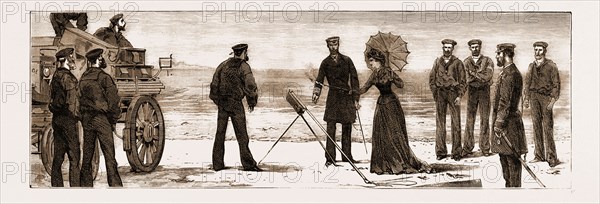 THE DUKE OF EDINBURGH INSPECTING THE COAST-GUARD AT FALMOUTH, THE DUCHESS FIRING A LIFE-SAVING ROCKET, UK, 1881