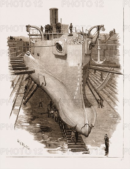 THE NEW TORPEDO-RAM "POLYPHEMUS" IN DRY DOCK, 1881