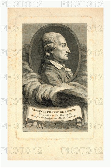 Oval head-and-shoulders profile portrait of French balloonist Jean-FranÃ§ois PilÃ¢tre de Rozier.