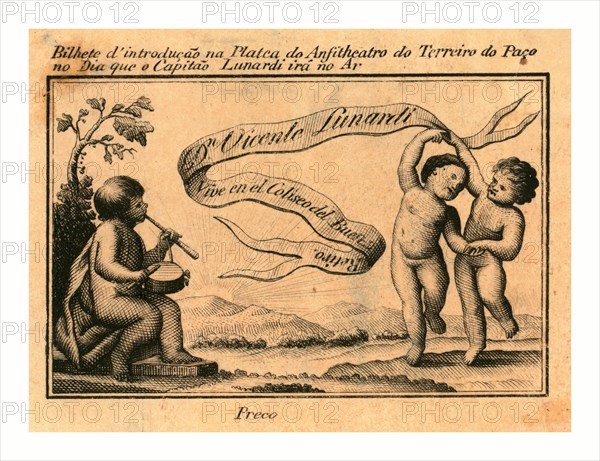 Print shows banner with name of Italian balloonist Vincent Lunardi; includes figure playing a drum and two others dancing.