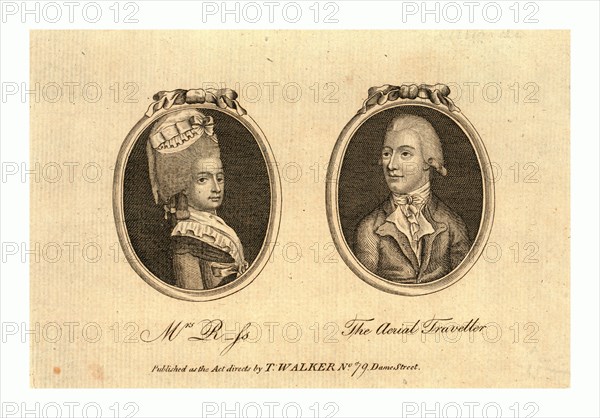 The aerial traveller, England, Published as the act directs by T. Walker, no. 79 Dame Street, between 1790 and 1820 , Pair of oval head-and-shoulder portraits; balloonist.