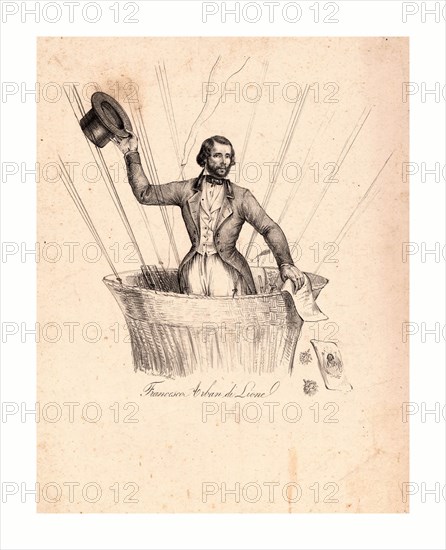 Half-length portrait of French balloonist Francesco Arban standing in the basket of a balloon, waving his hat, between 1840 and 1850