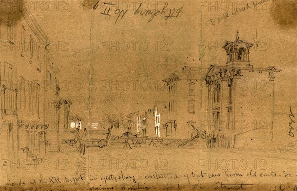 Barricade at the R.R. Depot in Gettysburg, constructed of Dirt cars, timber, old carts, &c,, 1863 July 1-3, drawing on green paper pencil and lead white, 14.9 x 23.5 cm. (sheet),, by Alfred R Waud, 1828-1891, an american artist famous for his American Civil War sketches, America, US