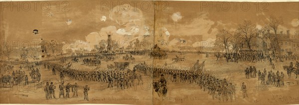 Scene at Chancellorsville during the battle, May 1st 1863, by Alfred R Waud, 1828-1891, an american artist famous for his American Civil War sketches, America, US, 1863 May 1, drawing on light brown paper pencil and Chinese white; 17.2 x 52.8 cm. (sheet), 1862-1865, by Alfred R Waud, 1828-1891, an american artist famous for his American Civil War sketches, America, US