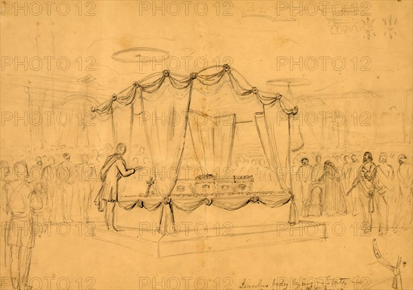 Lincoln's body lying in state in the East room White house, 1865 April 19, drawing on pink paper pencil, 34.9 x 50.4 cm. (sheet), 1862-1865, by Alfred R Waud, 1828-1891, an american artist famous for his American Civil War sketches, America, US