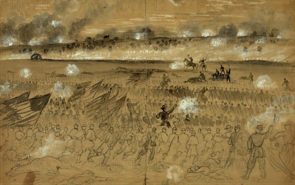 Genl. Humphreys charging at the head of his division after sunset of the 13th Dec, 1862 December 13, drawing on tan paper pencil, Chinese white, and black ink wash; 36.6 x 53.3 cm. (sheet), 1862-1865, by Alfred R Waud, 1828-1891, an american artist famous for his American Civil War sketches, America, US, 1862-1865, by Alfred R Waud, 1828-1891, an american artist famous for his American Civil War sketches, America, US