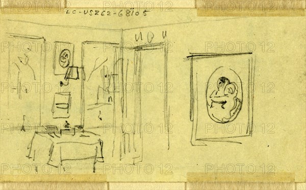 Room interior in Abraham Lincoln's home, Springfield, Illinois, 1865 May, drawing on cream paper pencil, 6.1 x 10.9 cm. (sheet), 1862-1865, by Alfred R Waud, 1828-1891, an american artist famous for his American Civil War sketches, America, US