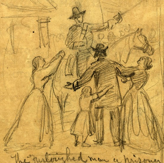 The furloughed man a prisoner, 1864 February-March, drawing, 1862-1865, by Alfred R Waud, 1828-1891, an american artist famous for his American Civil War sketches, America, US
