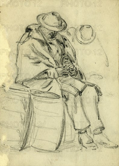 Figure wrapped in blanket sitting on a barrel and reading, 1860-1865, drawing, 1862-1865, by Alfred R Waud, 1828-1891, an american artist famous for his American Civil War sketches, America, US