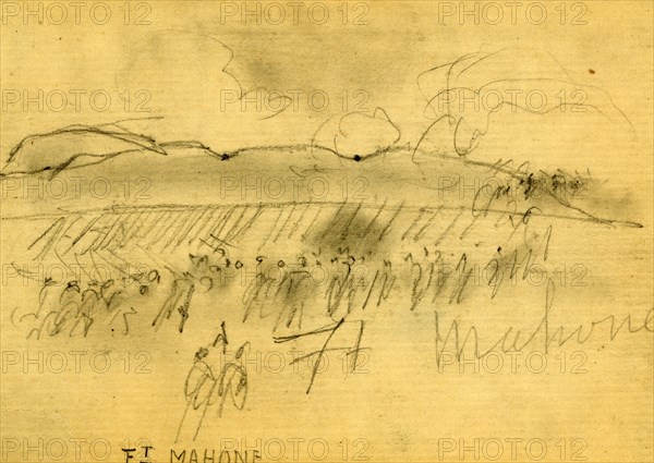 Ft. Mahone, 1865 April 3, drawing, 1862-1865, by Alfred R Waud, 1828-1891, an american artist famous for his American Civil War sketches, America, US