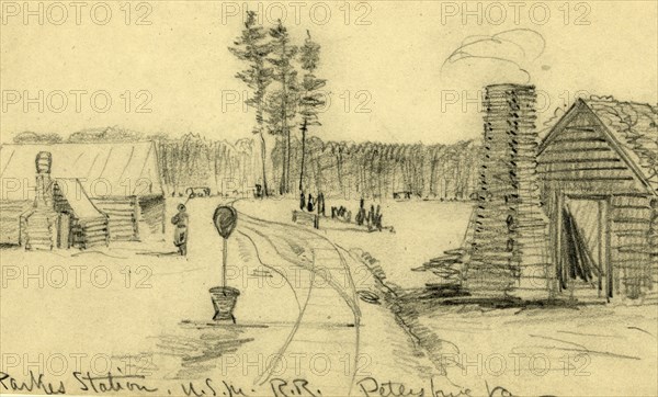 Parkes Station, U.S.M.R.R, Petersburg Va, 1860-1860, drawing, 1862-1865, by Alfred R Waud, 1828-1891, an american artist famous for his American Civil War sketches, America, US