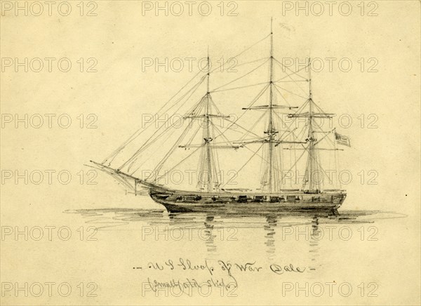 U.S. Sloop of War Dale, between 1860 and 1865, drawing on white paper pencil, 11 x 15.5 cm. (sheet), 1862-1865, by Alfred R Waud, 1828-1891, an american artist famous for his American Civil War sketches, America, US