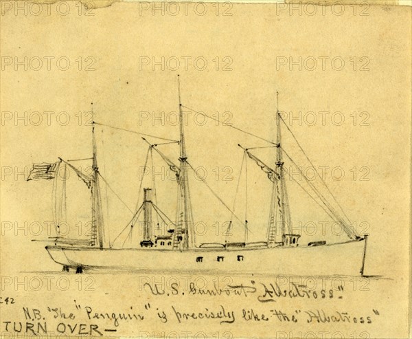 U.S. Gunboat Albatross, between 1860 and 1865, drawing on cream paper pencil, 8.4 x 10.4 cm. (sheet), 1862-1865, by Alfred R Waud, 1828-1891, an american artist famous for his American Civil War sketches, America, US