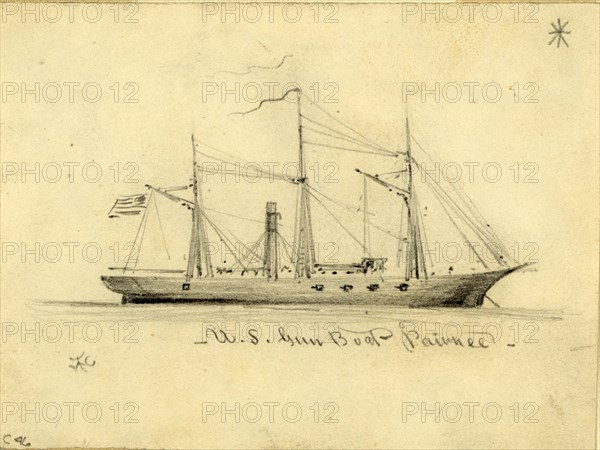 U.S. Gun Boat Pawnee, between 1860 and 1865, drawing on white paper pencil, 7.6 x 10.3 cm (sheet), 1862-1865, by Alfred R Waud, 1828-1891, an american artist famous for his American Civil War sketches, America, US