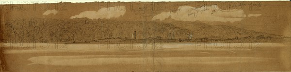 Captured schooners Fairfax and Mary Virginia in Quantico Creek, between 1860 and 1865, drawing on tan paper pencil and Chinese white, 8.6 x 38.1 cm. (sheet), 1862-1865, by Alfred R Waud, 1828-1891, an american artist famous for his American Civil War sketches, America, US