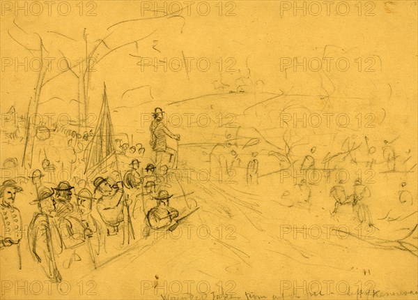 Wounded taken from out the fire, left of Kennesaw, ca. 1864 June 27, drawing, 1862-1865, by Alfred R Waud, 1828-1891, an american artist famous for his American Civil War sketches, America, US
