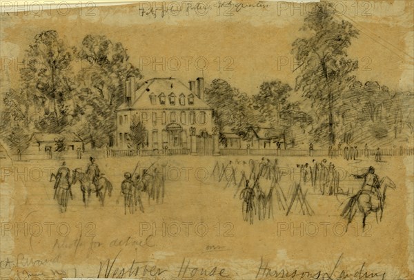 Fitz-John Porter's Hdquarters, 1862 July, drawing on tan tissue mounted on white card pencil, 19.4 x 30.4 cm. (sheet), 1862-1865, by Alfred R Waud, 1828-1891, an american artist famous for his American Civil War sketches, America, US