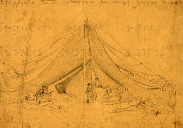 Hospital tent, Harrisons landing, Surgeon Boyd, 1862, drawing on tan paper pencil, 18.2 x 26.5 cm. (sheet), 1862-1865, by Alfred R Waud, 1828-1891, an american artist famous for his American Civil War sketches, America, US