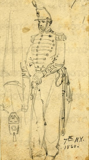 Sketches of soldiers wearing the 7th New York Cavalry regiment uniform, 1861, drawing on cream paper pencil, 14.0 x 7.5 cm. (sheet),  1862-1865, by Alfred R Waud, 1828-1891, an american artist famous for his American Civil War sketches, America, US