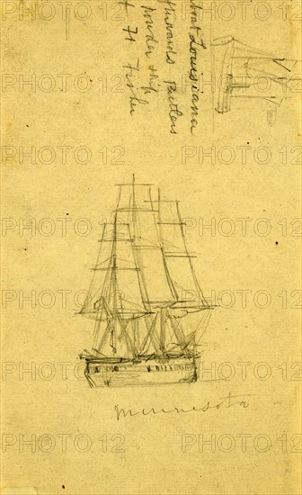 The Louisiana and Minnesota, between 1860 and 1865, drawing on cream paper pencil, 17.5 x 10.3 cm. (sheet),  1862-1865, by Alfred R Waud, 1828-1891, an american artist famous for his American Civil War sketches, America, US