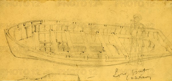 Long boat, U.S. Navy, between 1860 and 1865, drawing on cream paper pencil, 11.0 x 25.2 cm. (sheet),  1862-1865, by Alfred R Waud, 1828-1891, an american artist famous for his American Civil War sketches, America, US