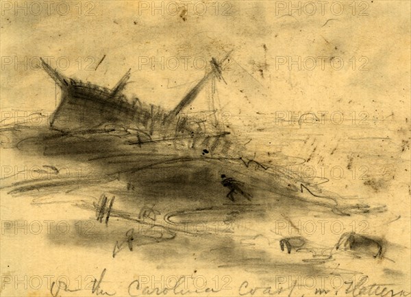 On the Carolina coast nr. Hatteras, 1861 August?, drawing on cream paper pencil, 7.8 x 11.0 cm. (sheet),  1862-1865, by Alfred R Waud, 1828-1891, an american artist famous for his American Civil War sketches, America, US