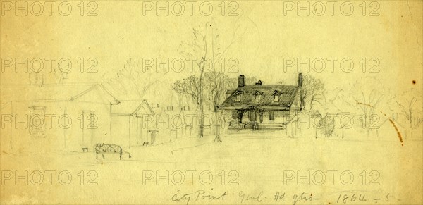 City Point Genl. Hd.qts, 1864-5, 1865, drawing on light olive paper pencil, 15.8 x 34.1 cm. (sheet), 1862-1865, by Alfred R Waud, 1828-1891, an american artist famous for his American Civil War sketches, America, US