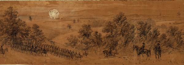 Explosion of a rebel limber at the battle near Middleburg June 21st, 1863 June 21,  drawing on brown paper pencil and Chinese white, 11.5 x 34.3 cm. (sheet), 1862-1865, by Alfred R Waud, 1828-1891, an american artist famous for his American Civil War sketches, America, US