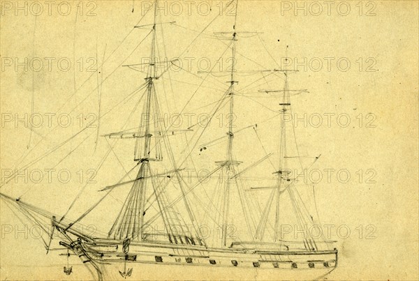 Sailing ship with three masts, 1860-1865, drawing, 1862-1865, by Alfred R Waud, 1828-1891, an american artist famous for his American Civil War sketches, America, US