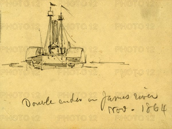 Double ender on James River, Nov. 1864, 1864 November, drawing on cream paper pencil, 8.9 x 11.9 cm. (sheet), 1862-1865, by Alfred R Waud, 1828-1891, an american artist famous for his American Civil War sketches, America, US