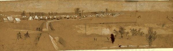 Camp of 1st Mass. Arty, Harrisons landing, 1862 July, drawing on tan paper pencil and Chinese white, 9.8 x 36.2 cm. (sheet), 1862-1865, by Alfred R Waud, 1828-1891, an american artist famous for his American Civil War sketches, America, US