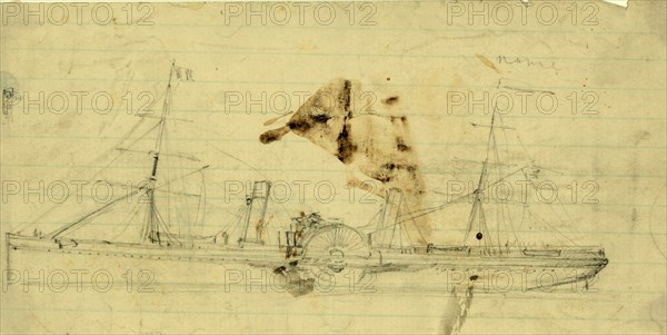 Steamship with sidewheel and two masts, between 1860 and 1865, drawing on cream lined paper pencil, 9.6 x 20.3 cm. (sheet), 1862-1865, by Alfred R Waud, 1828-1891, an american artist famous for his American Civil War sketches, America, US